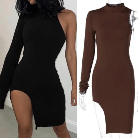 Brown One Arm Midi Dress - Picture 3 of 5